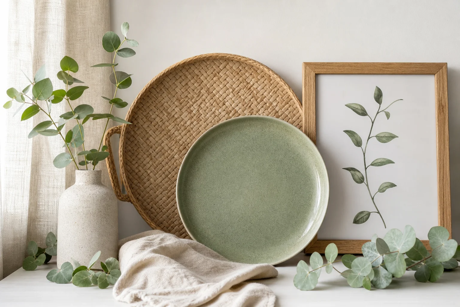 Eco-friendly home décor vignette with sage charger tray and botanical wall art