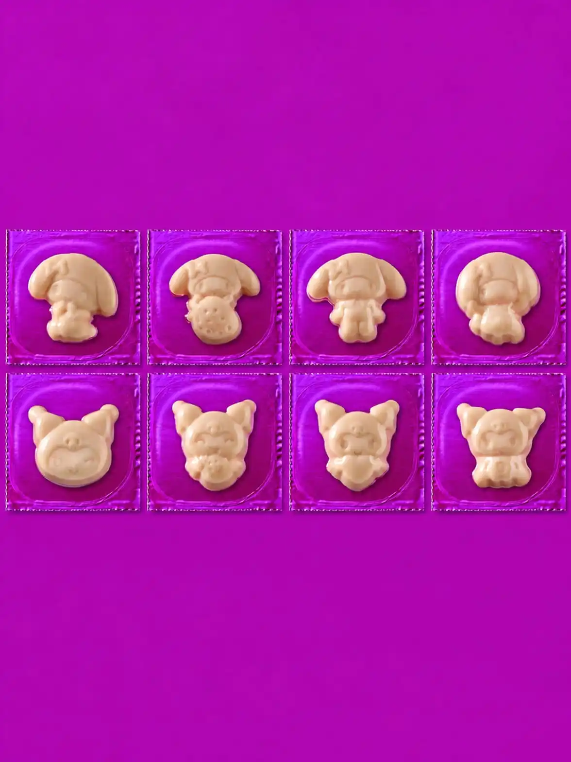All eight My Melody and Kuromi shaped cheese varieties in their magenta foil wrappers