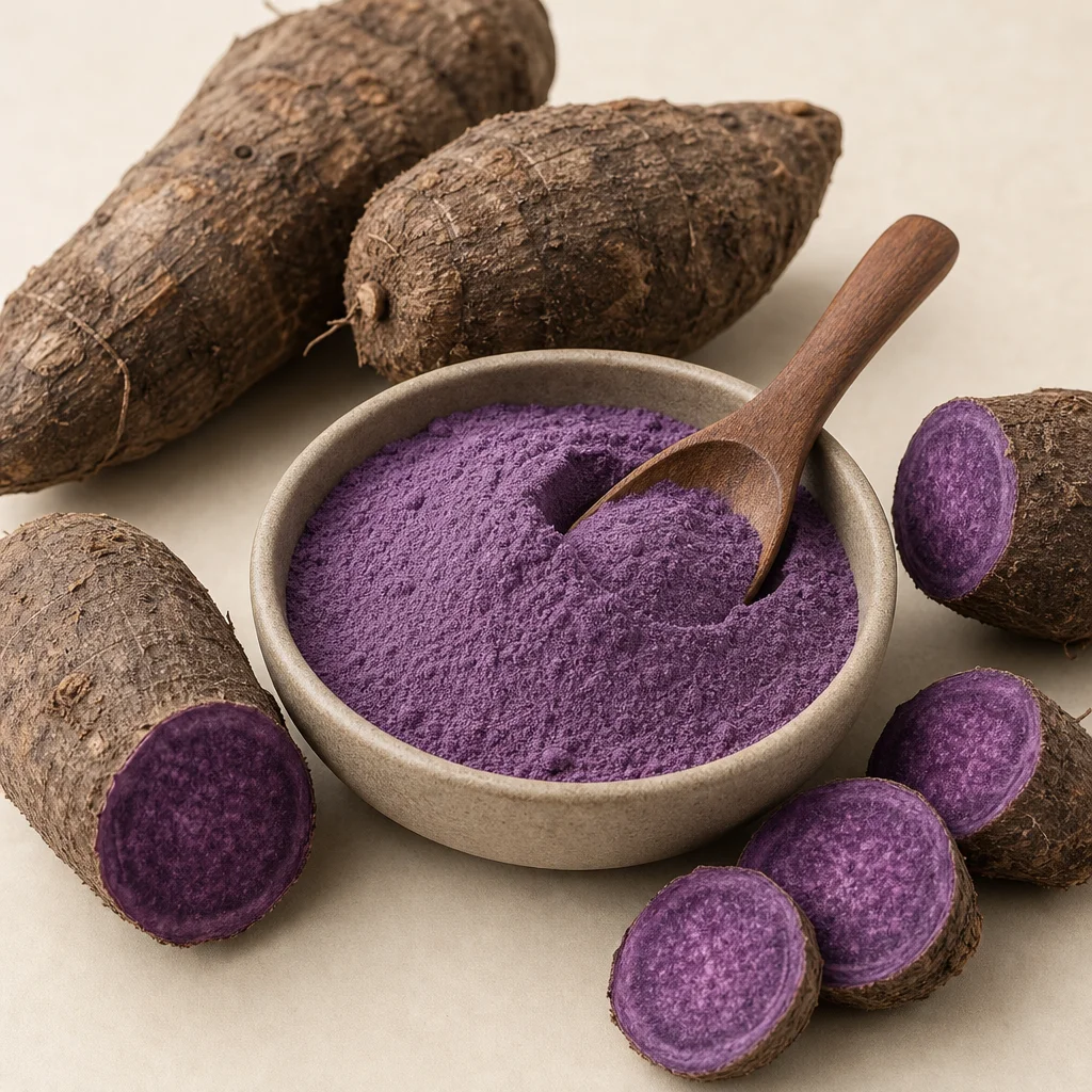 Fine UBE powder with rough-skinned UBE tubers and vivid purple flesh