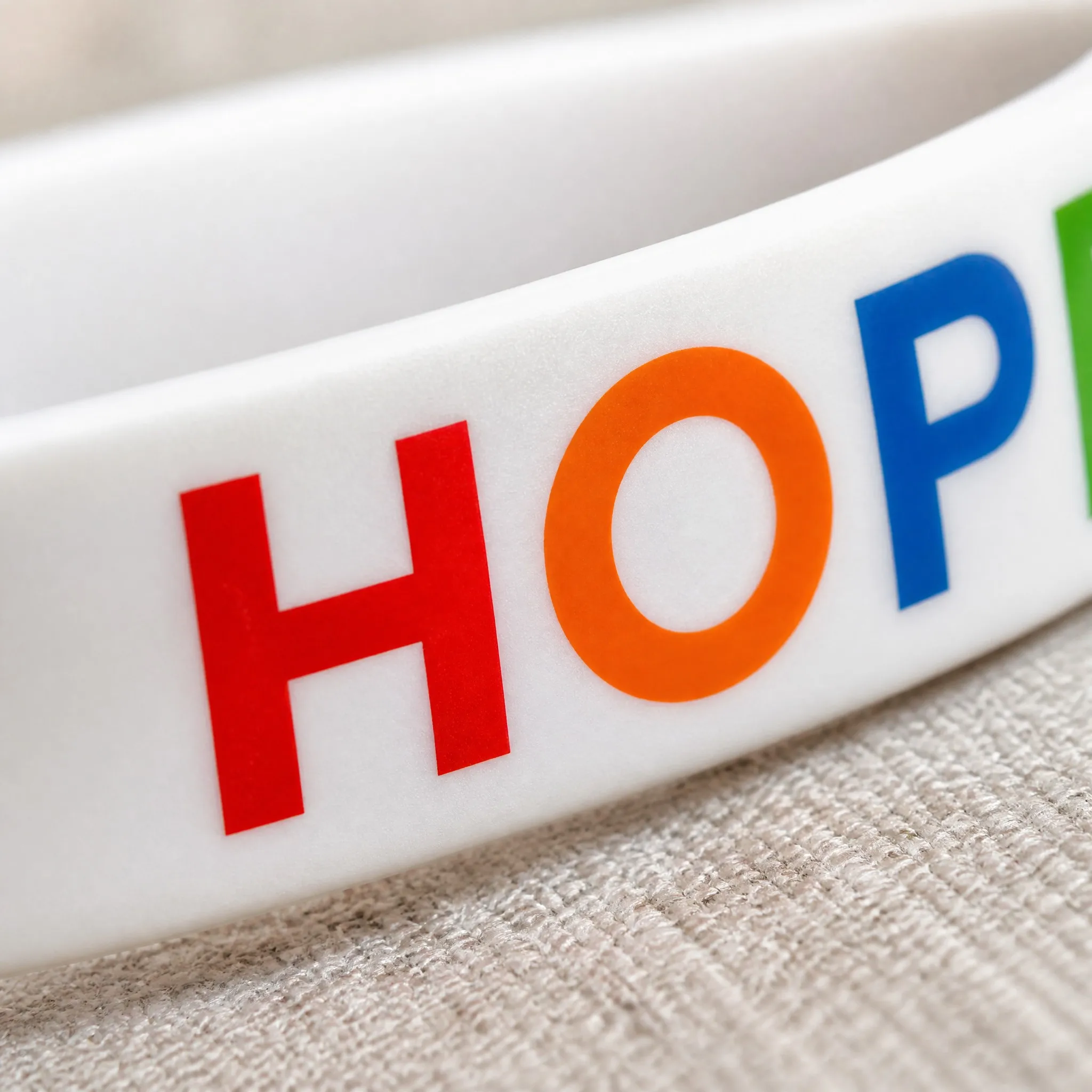 Macro detail of UV full-color print on silicone bracelet