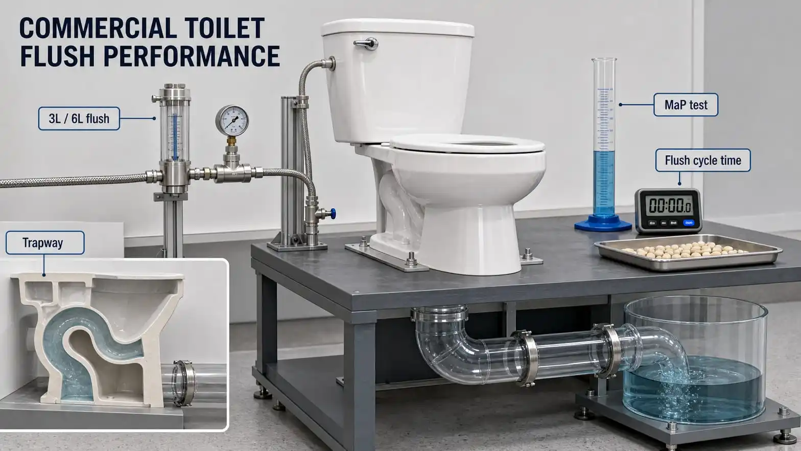 Commercial toilet flush performance testing rig with wall cistern, supply line, drain test device, measuring cylinder and MaP test media