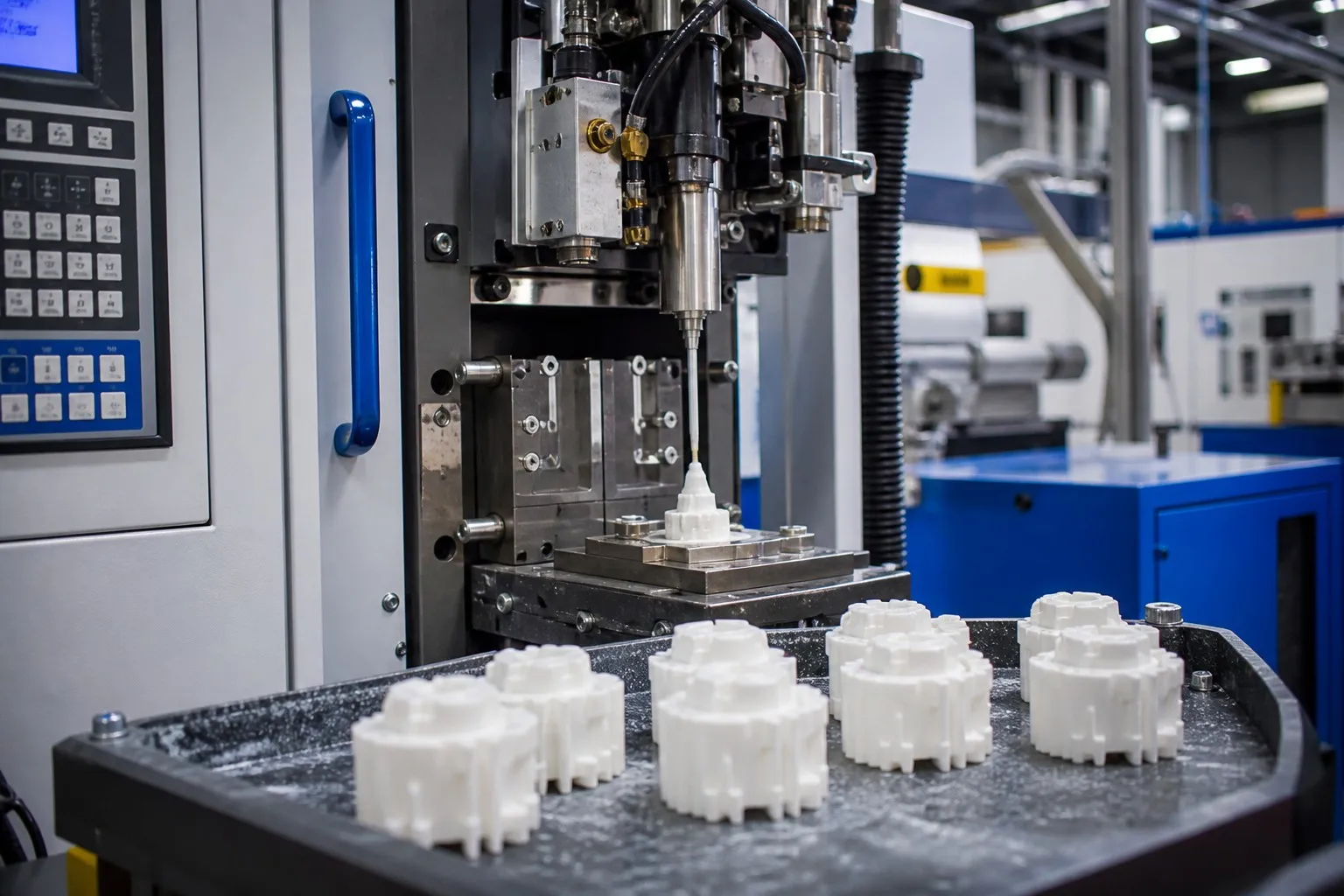 Wax injection machine producing white wax patterns in investment casting foundry