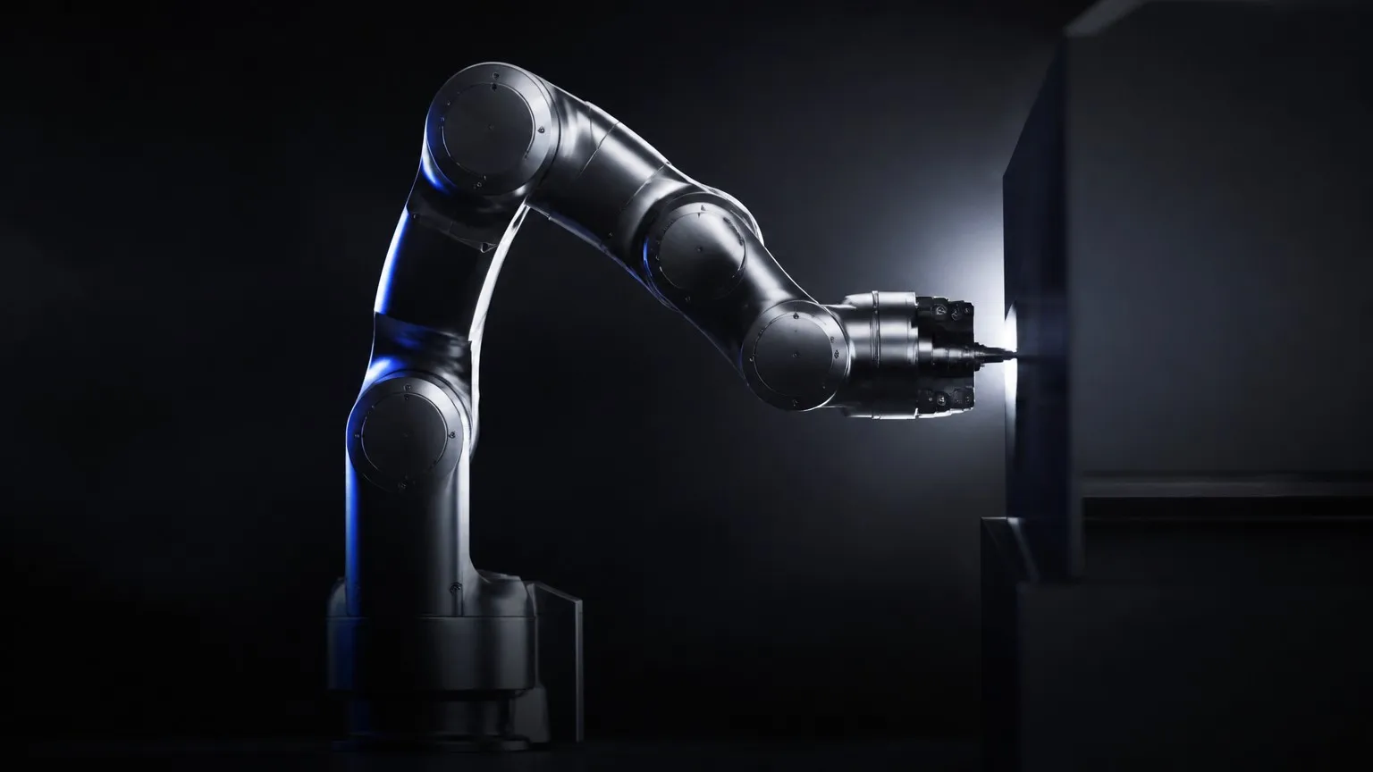 Seven-axis robotic arm with cylindrical joint modules reaching around a laboratory obstacle
