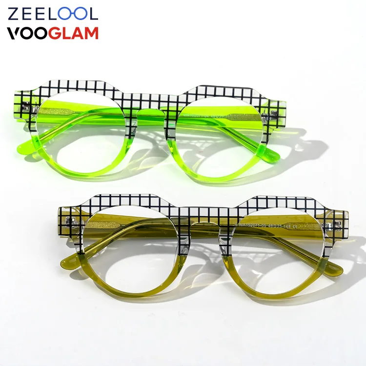 

2022 Stylish Cool Geometric Mixed Color Decorative Acetate Eyeglasses Frames with Demo Lens Tortoise Temples