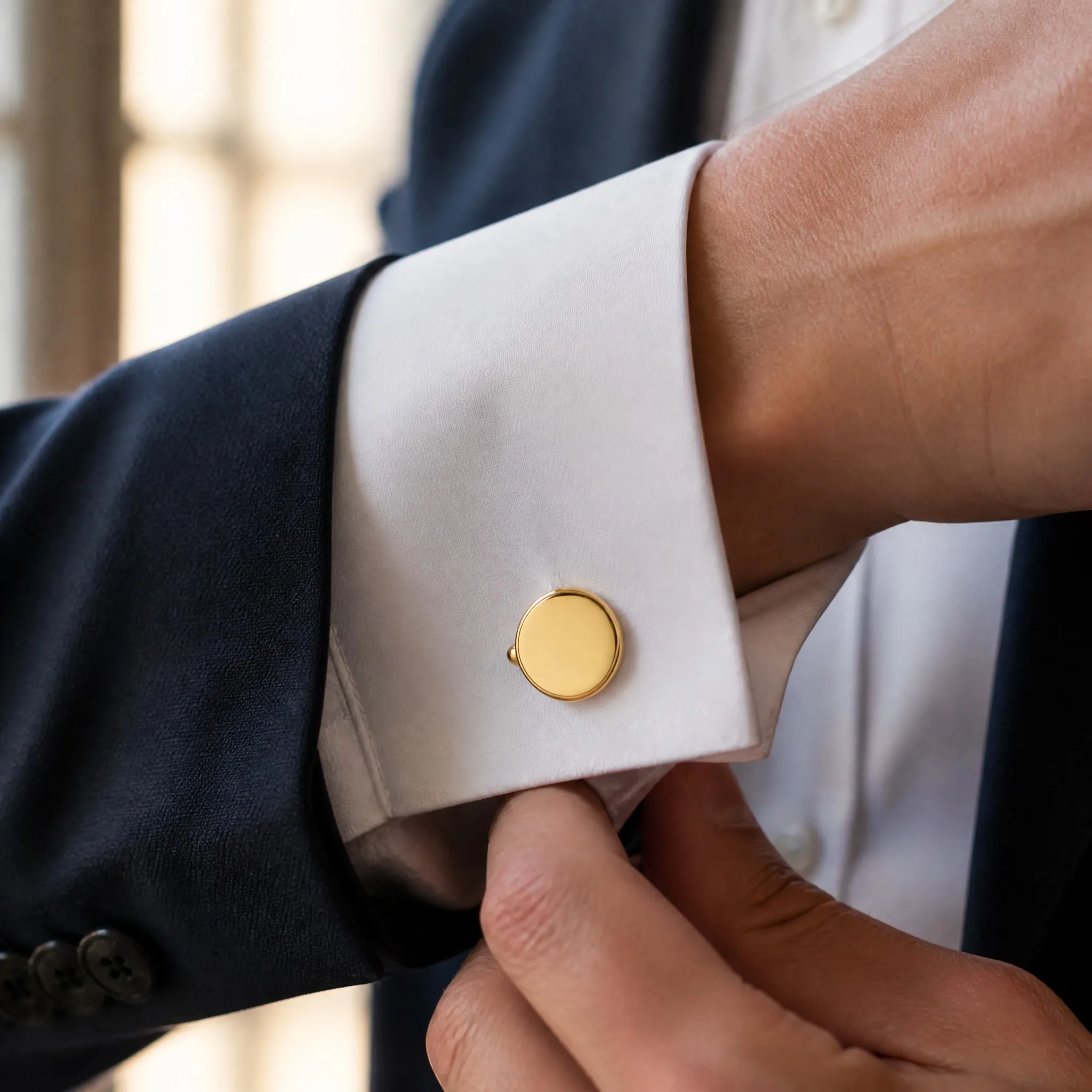Gold mirror polished cufflinks worn on white dress shirt cuff