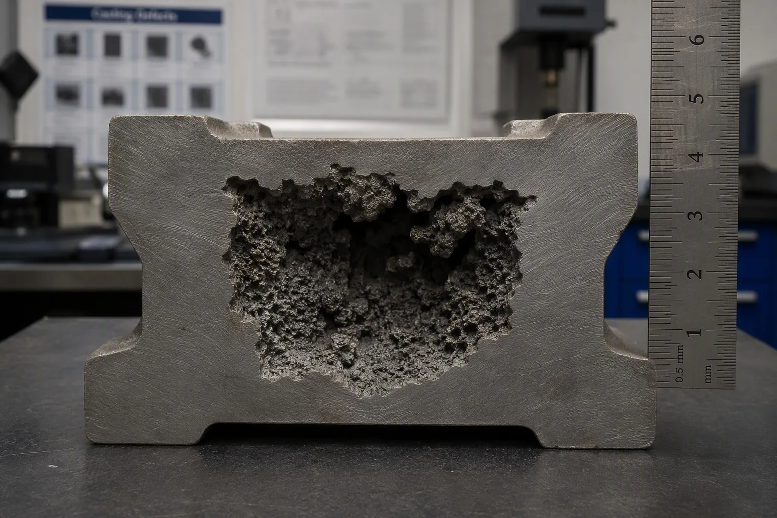 Cut section of steel casting revealing internal shrinkage cavity with dendritic walls