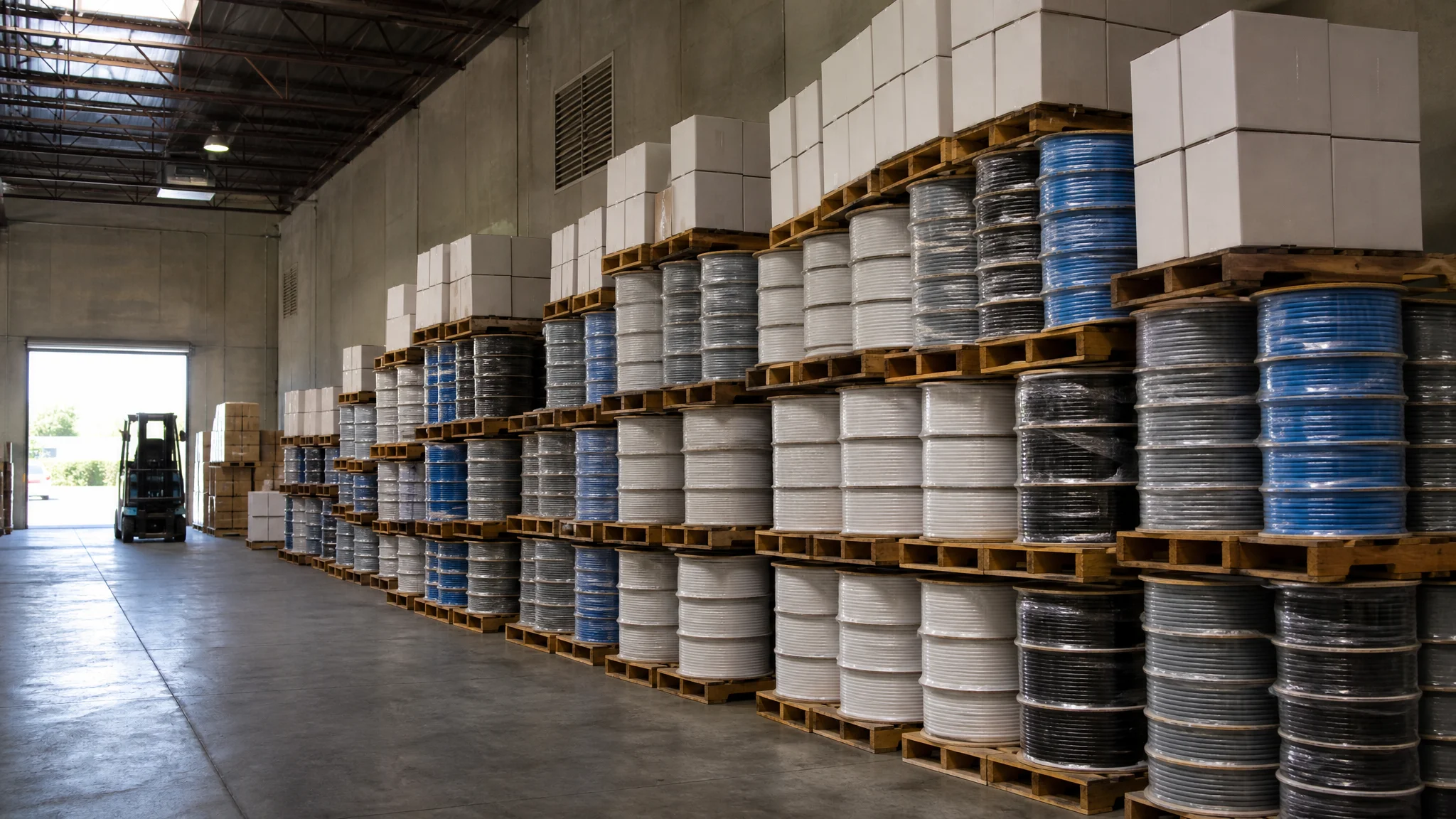Cat6A cable reels and boxes stacked in tiered rows on pallets