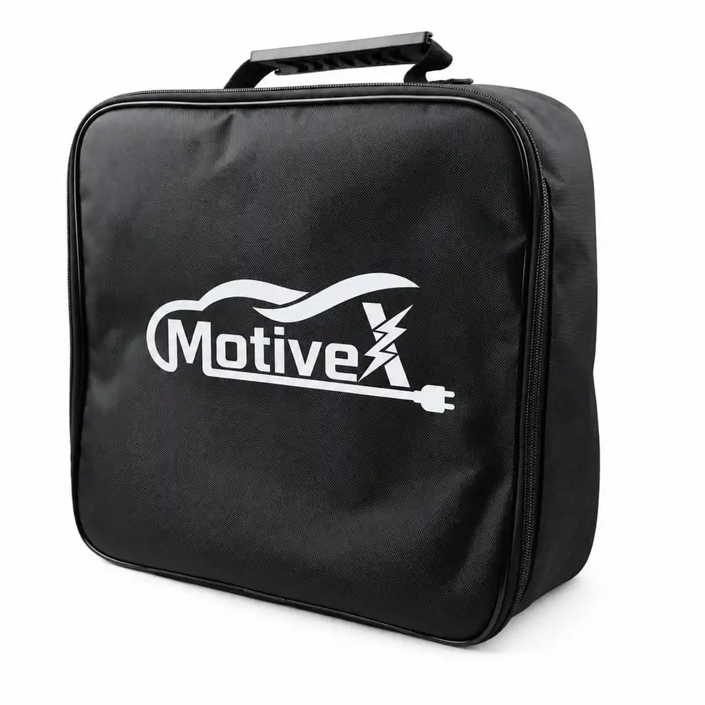 MotiveX black Oxford cloth EV charging cable storage bag with carrying handle and dual zipper