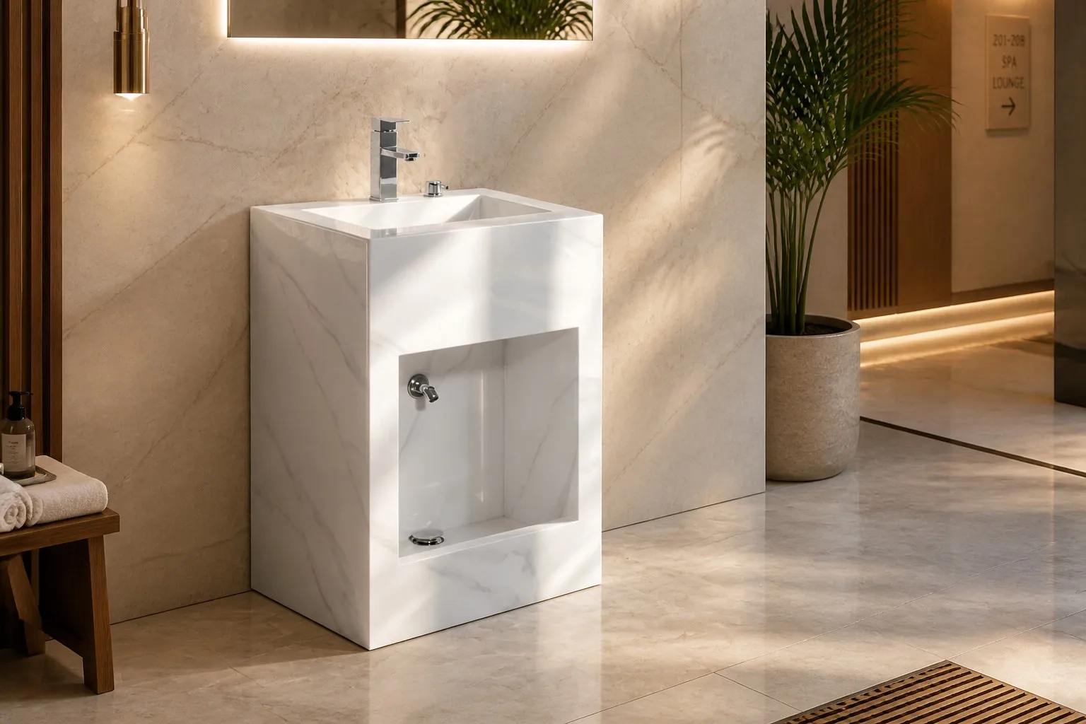 White sintered stone wudu basin in a modern hotel washroom with marble wall