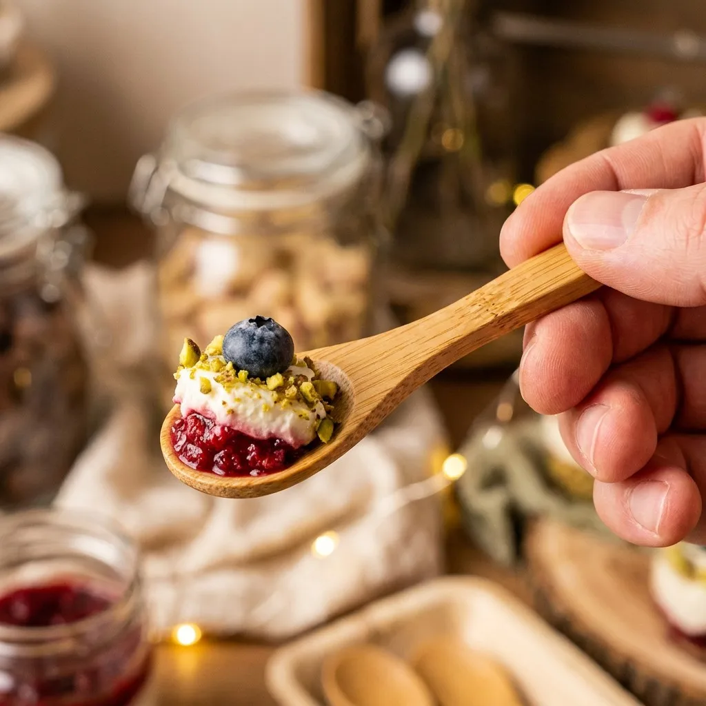 Mini bamboo tasting spoon holding layered berry parfait dessert bite held between fingers