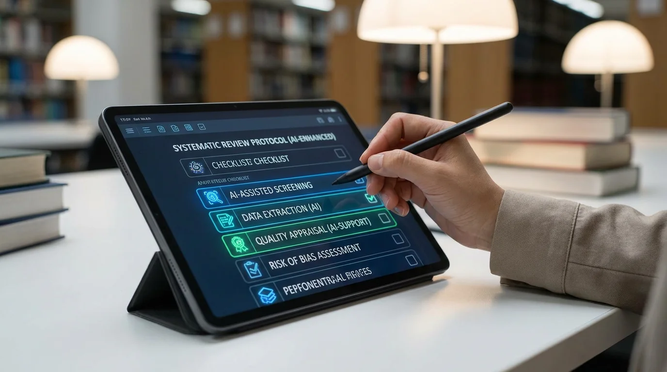 Digital tablet showing AI systematic review checklist