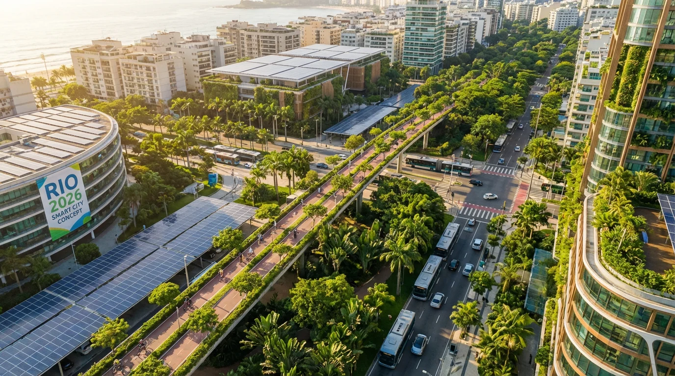 Vista aérea de cidade sustentável com ciclovias e veículos elétricos