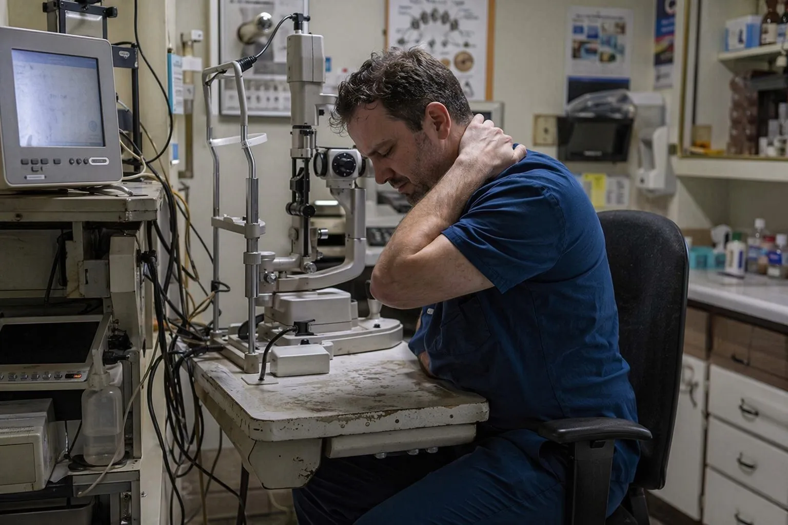 Ophthalmologist experiencing discomfort with outdated manual examination table
