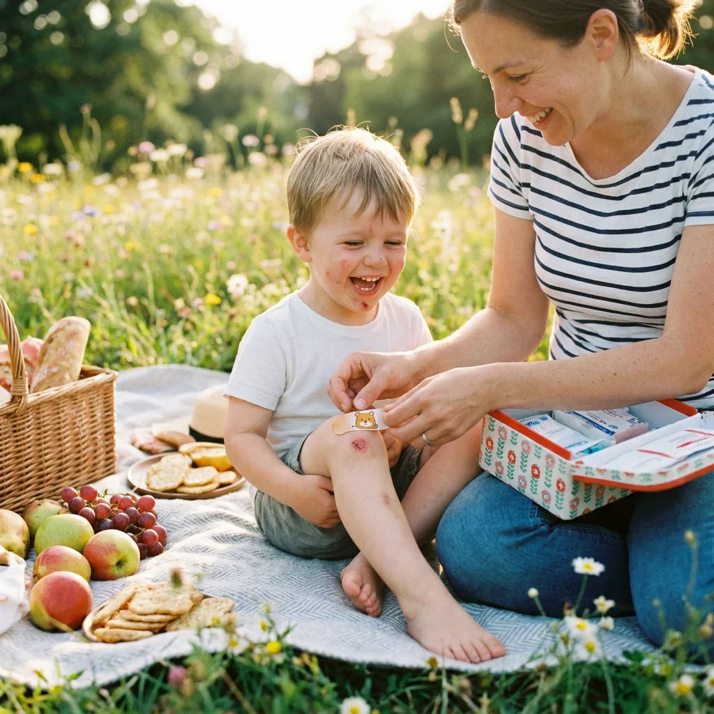 Happy family at a park picnic with cartoon first aid kit