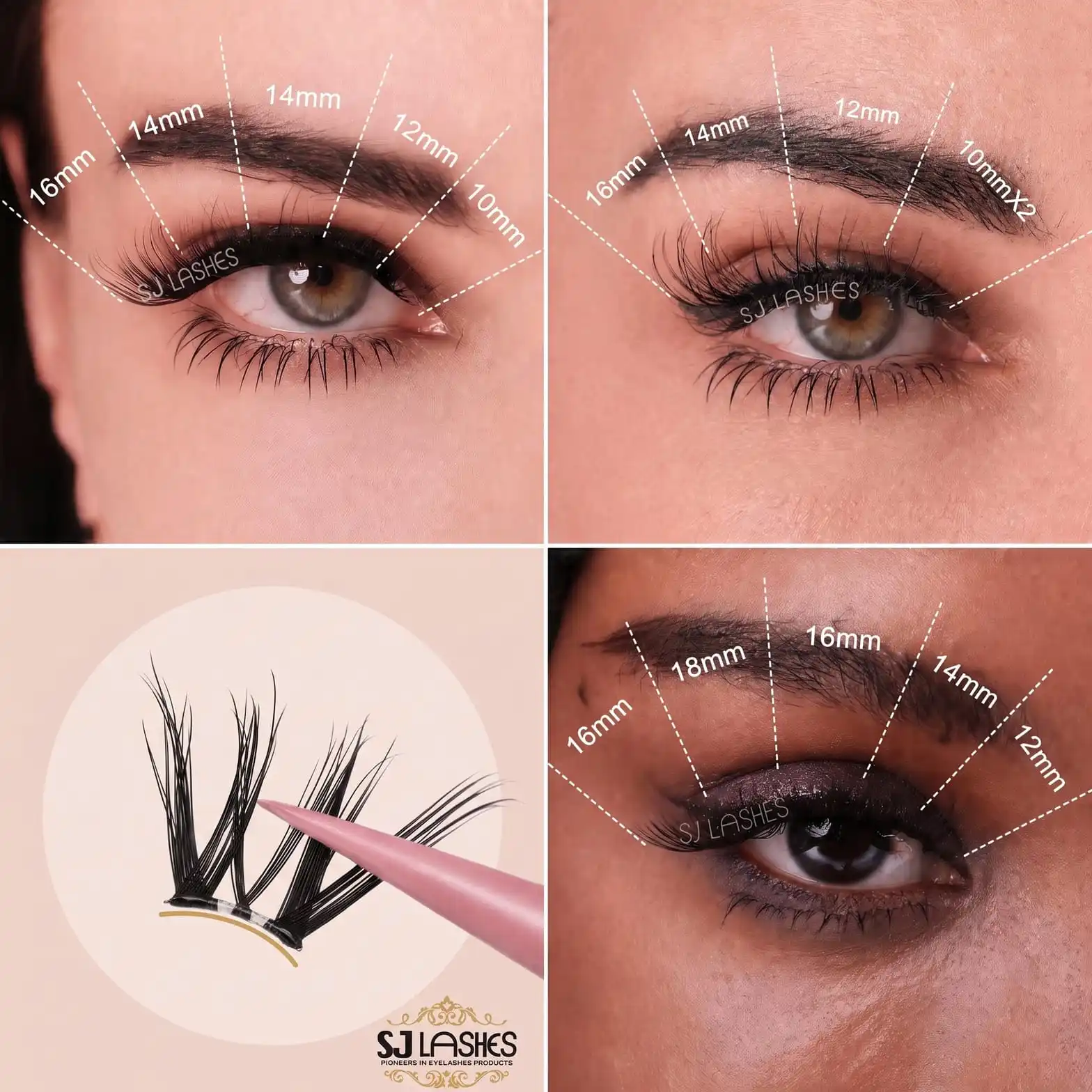Lash map poster grid showing multiple eyes with mapped lengths from 8mm to 16mm and the 3D pre-curved band callout - universal fit lash map reference