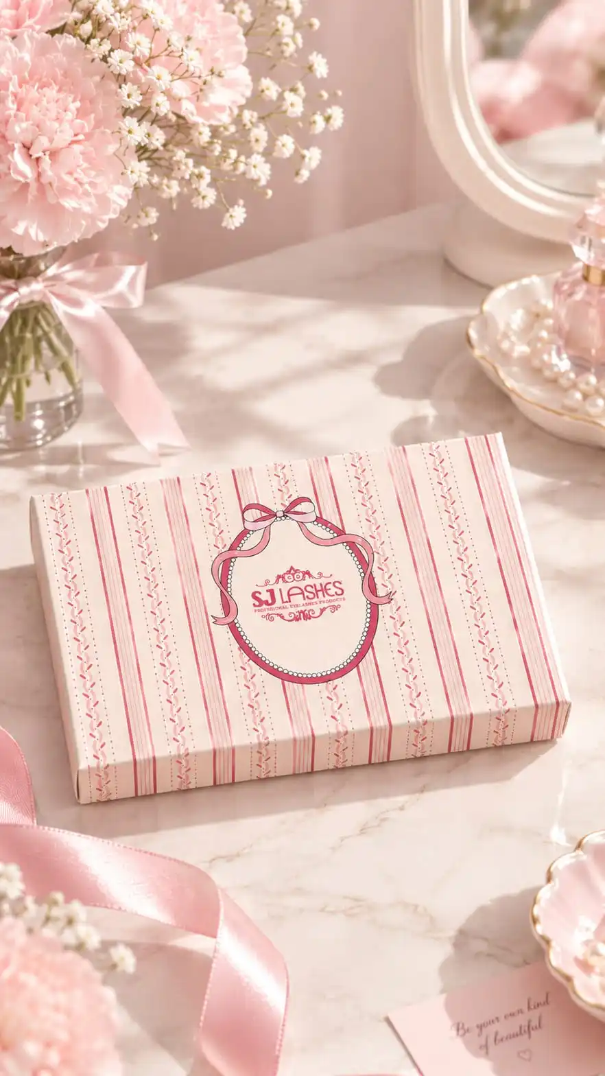Pink striped card and sleeve lash box styled on a marble vanity with pink flowers, ribbon and pearls, brand medallion on the sleeve - lash box with card and sleeve