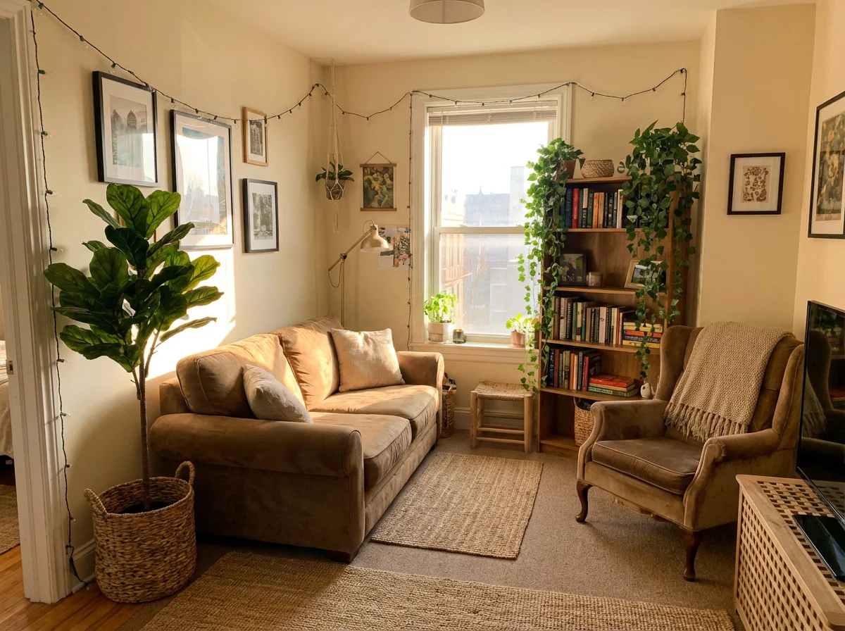 Faux ferns and bamboo styled in a modern spa-like bathroom with natural stone elements