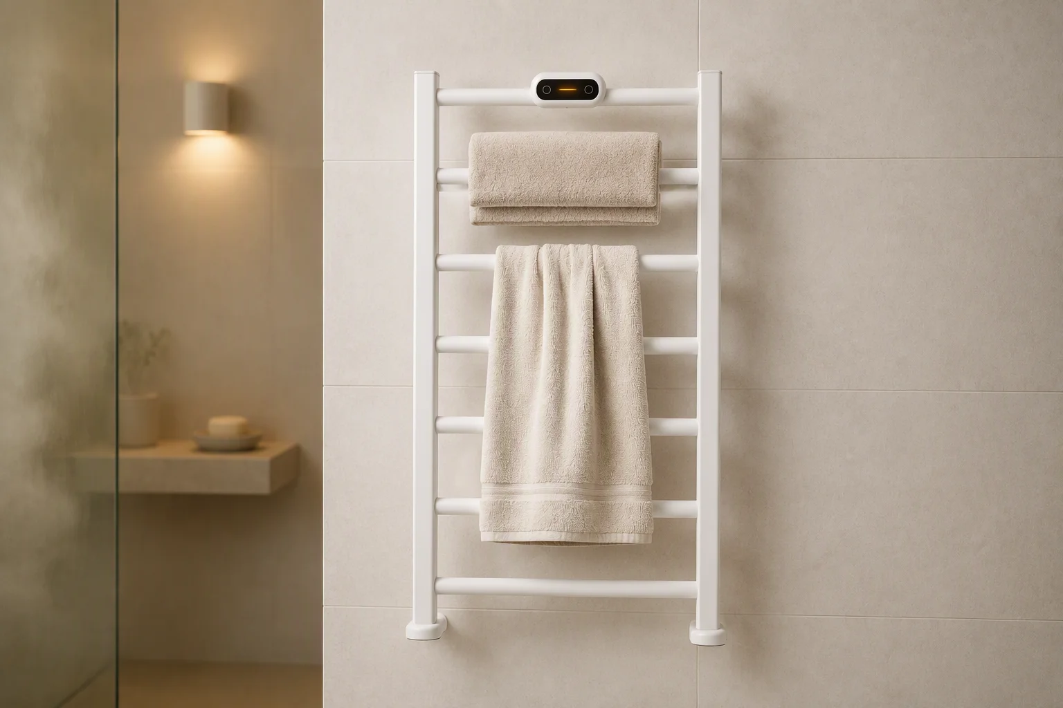 Heated towel rail wall-mounted in a modern tiled bathroom with warm towels