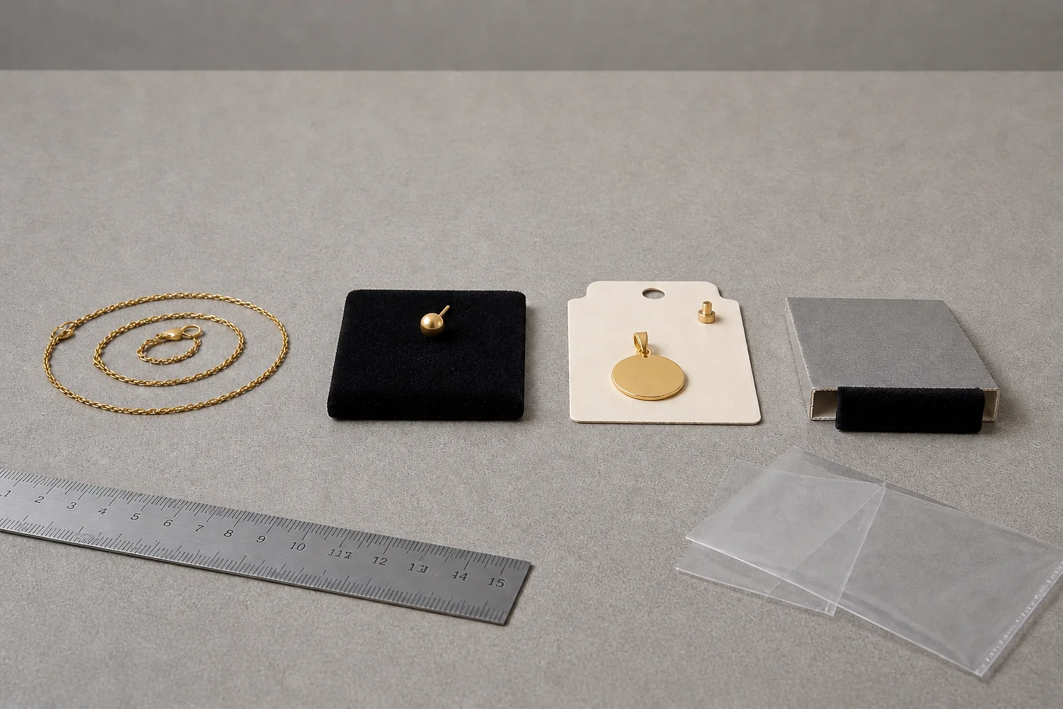 Four ways a plated piece meets its packaging: a gold-plated chain coiled loose on the bench, a plated ball stud pressed into a black velvet pad, a plated disc pendant pinned to a cream die-cut card beside its pin, and a grey board panel wrapped in velvet — with a steel ruler and unfastened clear pouches alongside