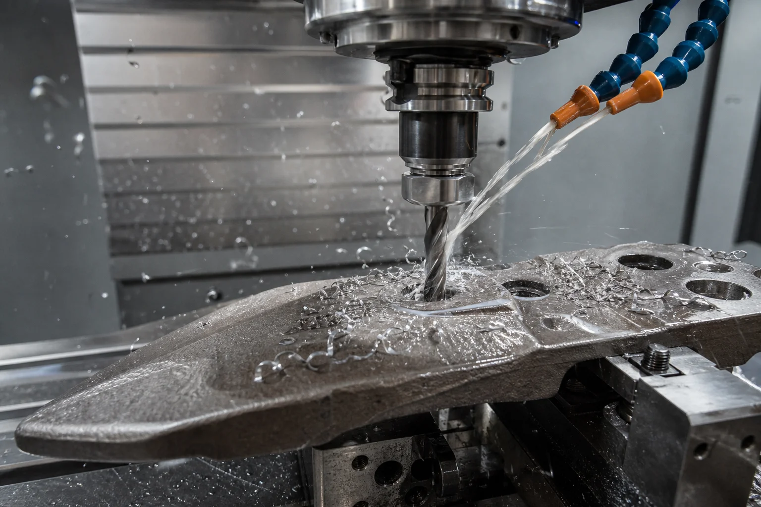 High-speed CNC vertical machining center precision drilling carriage bolt holes on plow point
