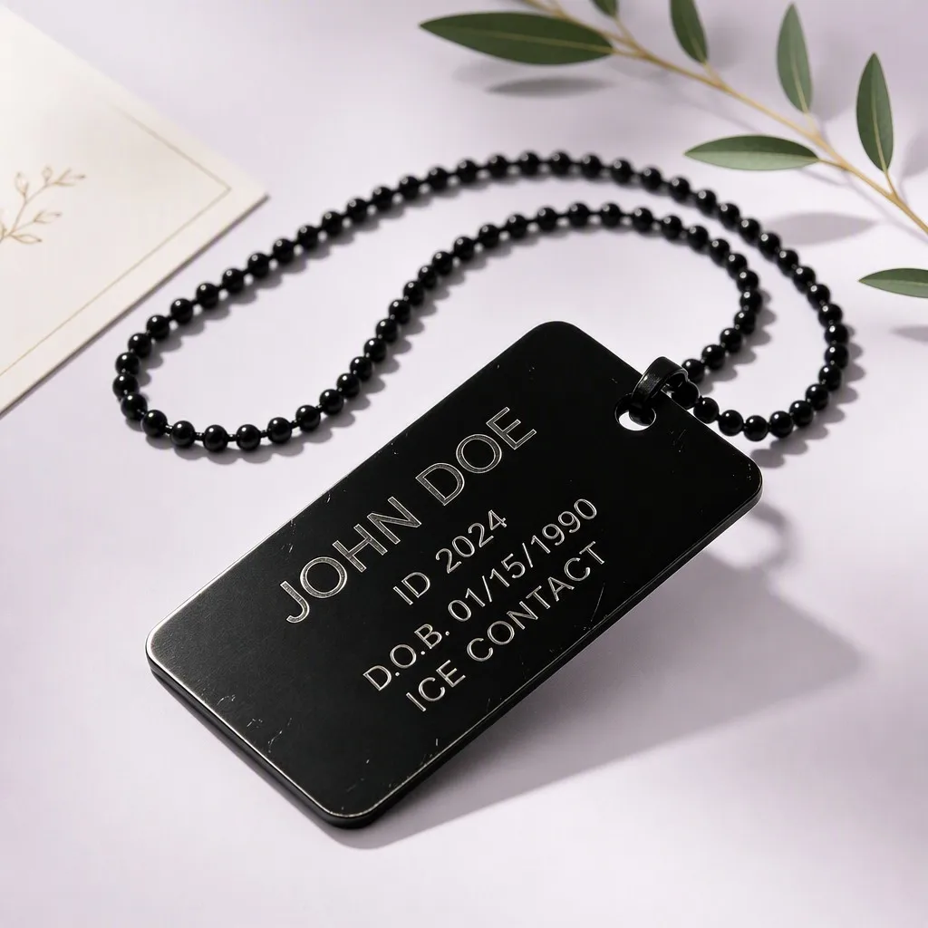 Matte black medical alert ICE dog tag on lavender studio backdrop
