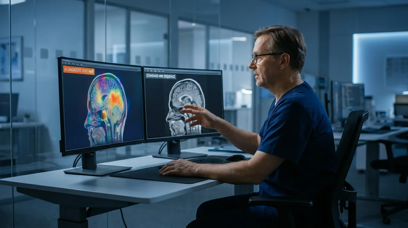 Radiologist comparing AI diagnostic heat map with standard MRI scan