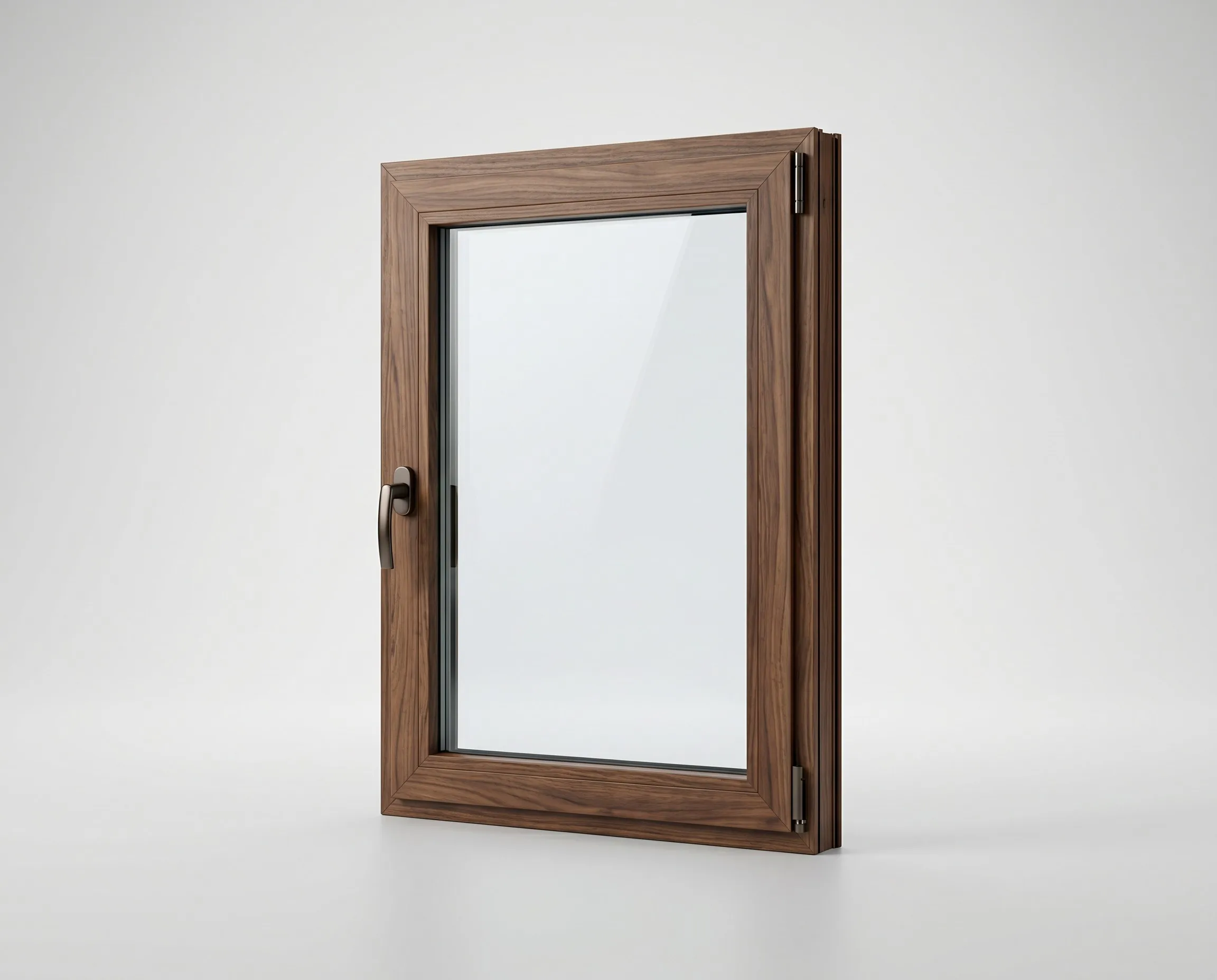 Walnut wood grain aluminum casement window product photo on light gray studio backdrop