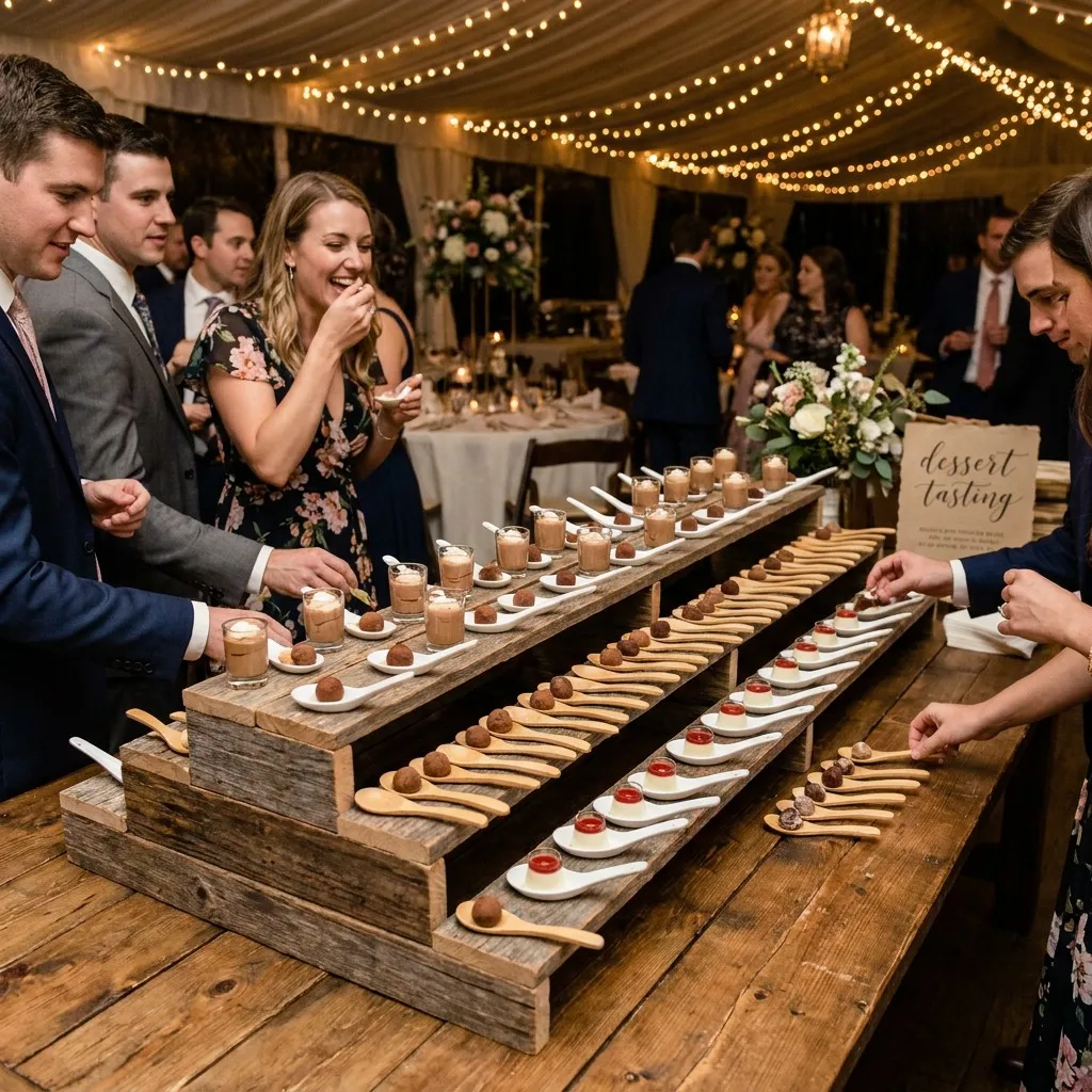 Wedding dessert bar with mini bamboo tasting spoons in wooden holder guests sampling mousses and truffles