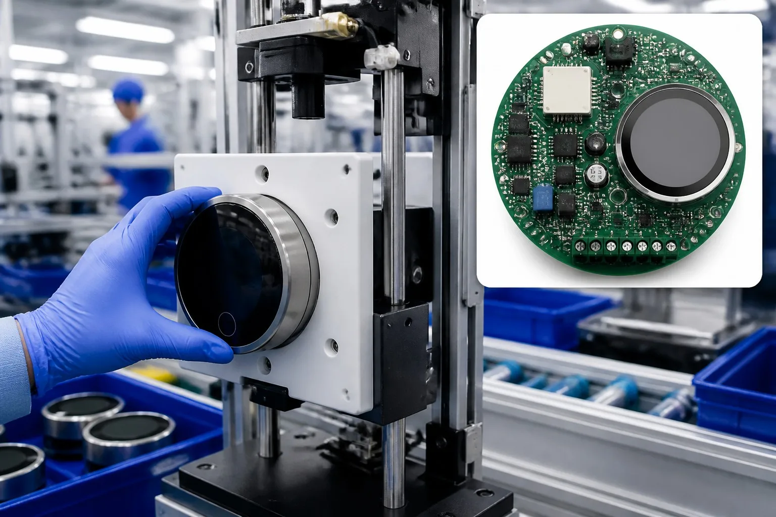 Smart thermostat being assembled on a factory line