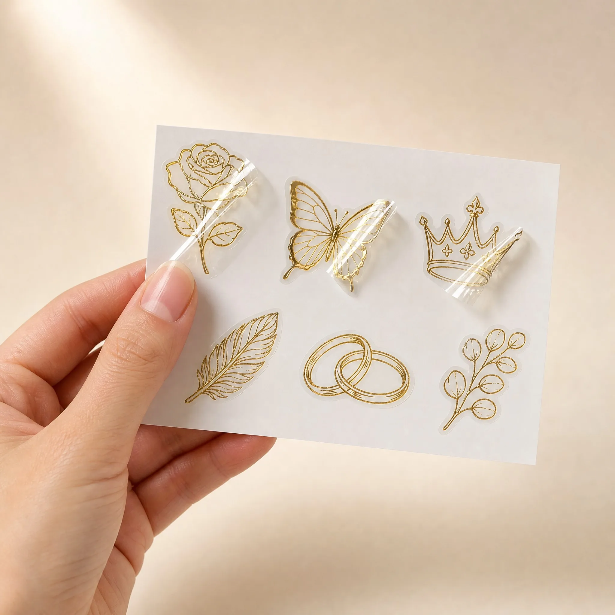 Hand peeling a gold foil sticker from the backing sheet