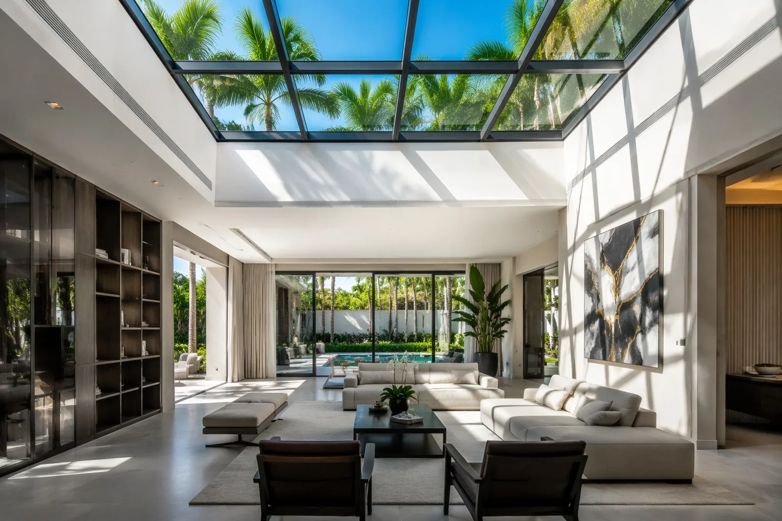 Luxury villa interior with overhead aluminum skylight natural daylight
