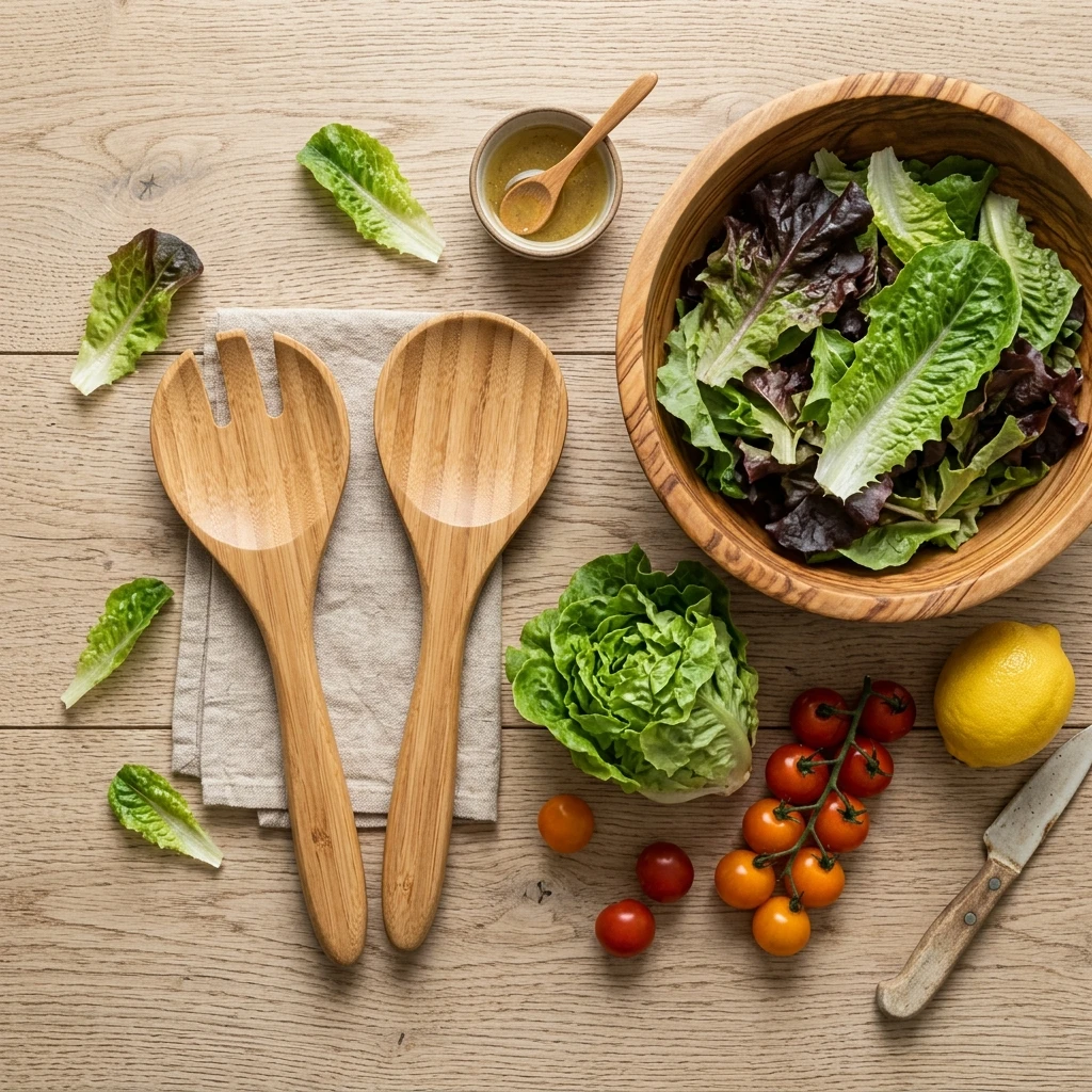 Modern bamboo salad hands laid flat on wooden table with salad bowl and fresh vegetables