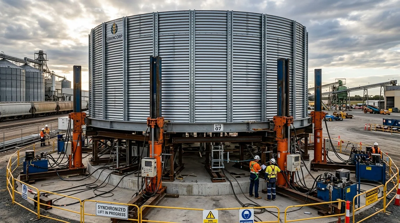 Automated Hydraulic Jacking Installation of a Large Steel Grain Silo