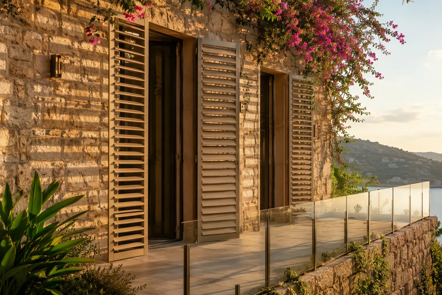 Aluminium Shutter Windows Warm Sand Anodized Blades Mediterranean Villa Richocean Foshan Shutter Windows Manufacturer China Foshan Factory Price Solar Cut-Off Angle External Shading Ventilation