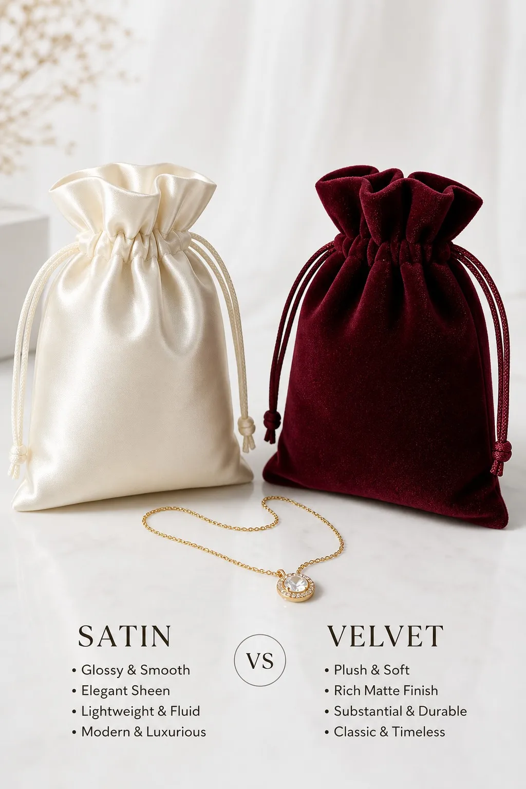 Glossy ivory satin drawstring pouch beside a plush burgundy velvet pouch with a gold necklace between them