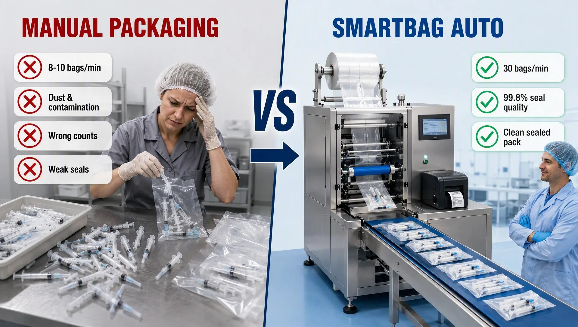 news-1-1 Manual packaging pain points vs SMARTBAG automatic bagging solution for syringes