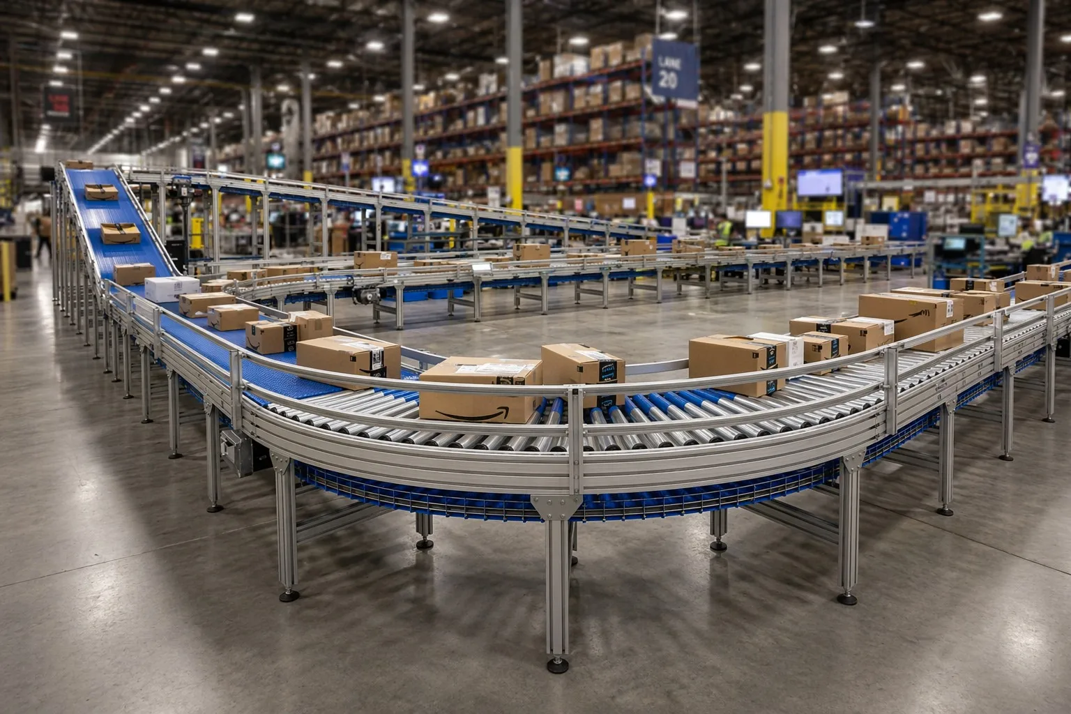 MDR and ZPA Roller Conveyor for E-Commerce Sortation Roller conveyor in a busy e-commerce fulfillment and sortation center with parcels