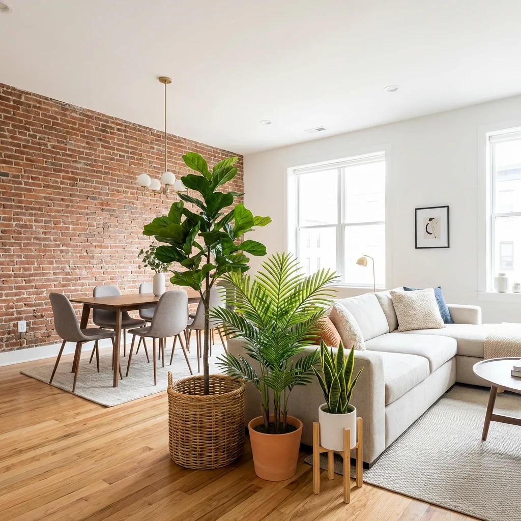 grouped artificial plants living room fiddle leaf fig palm snake plant varied heights