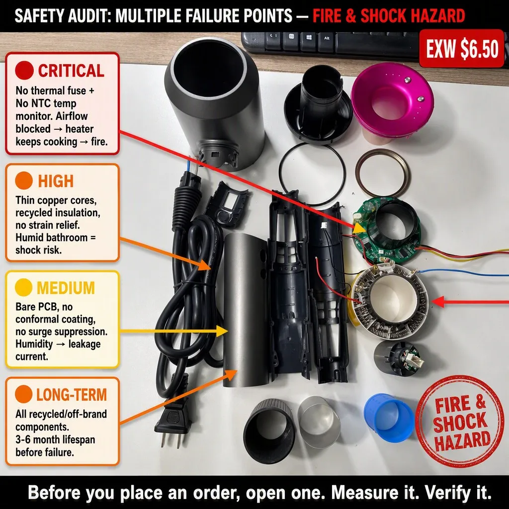 Dyson-Copy Hair Dryer Safety Audit — Fire & Shock Hazard