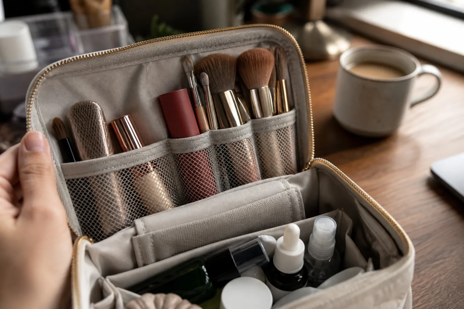 Open cosmetic organizer bag with mesh dividers holding makeup brushes and skincare bottles