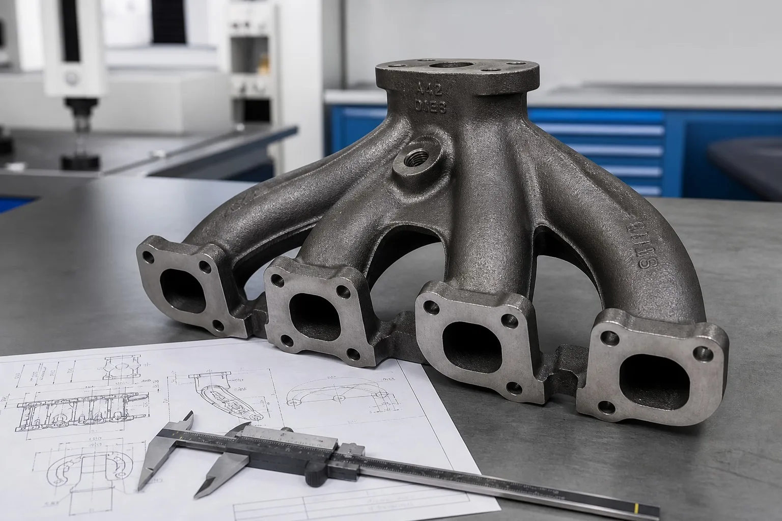 Cast iron exhaust manifold component on workbench with technical drawing