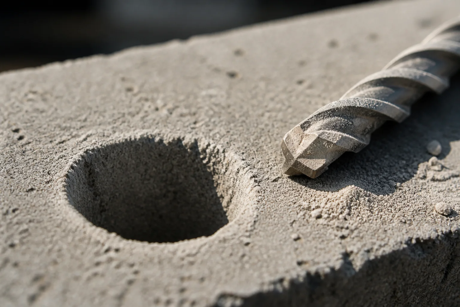Macro view of a drilled hole through a concrete block beside a masonry drill bit with dust in its flutes