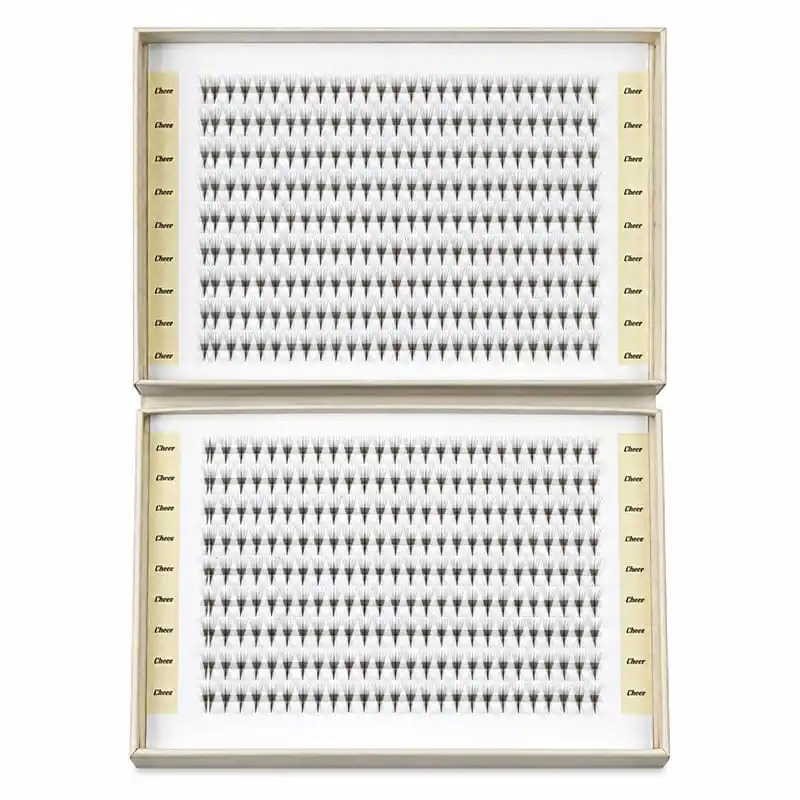 Cream bifold lash gift box viewed from directly above, both halves fitted with dense cluster trays and repeated style labels running down the left and right edges - bifold lash box double tray