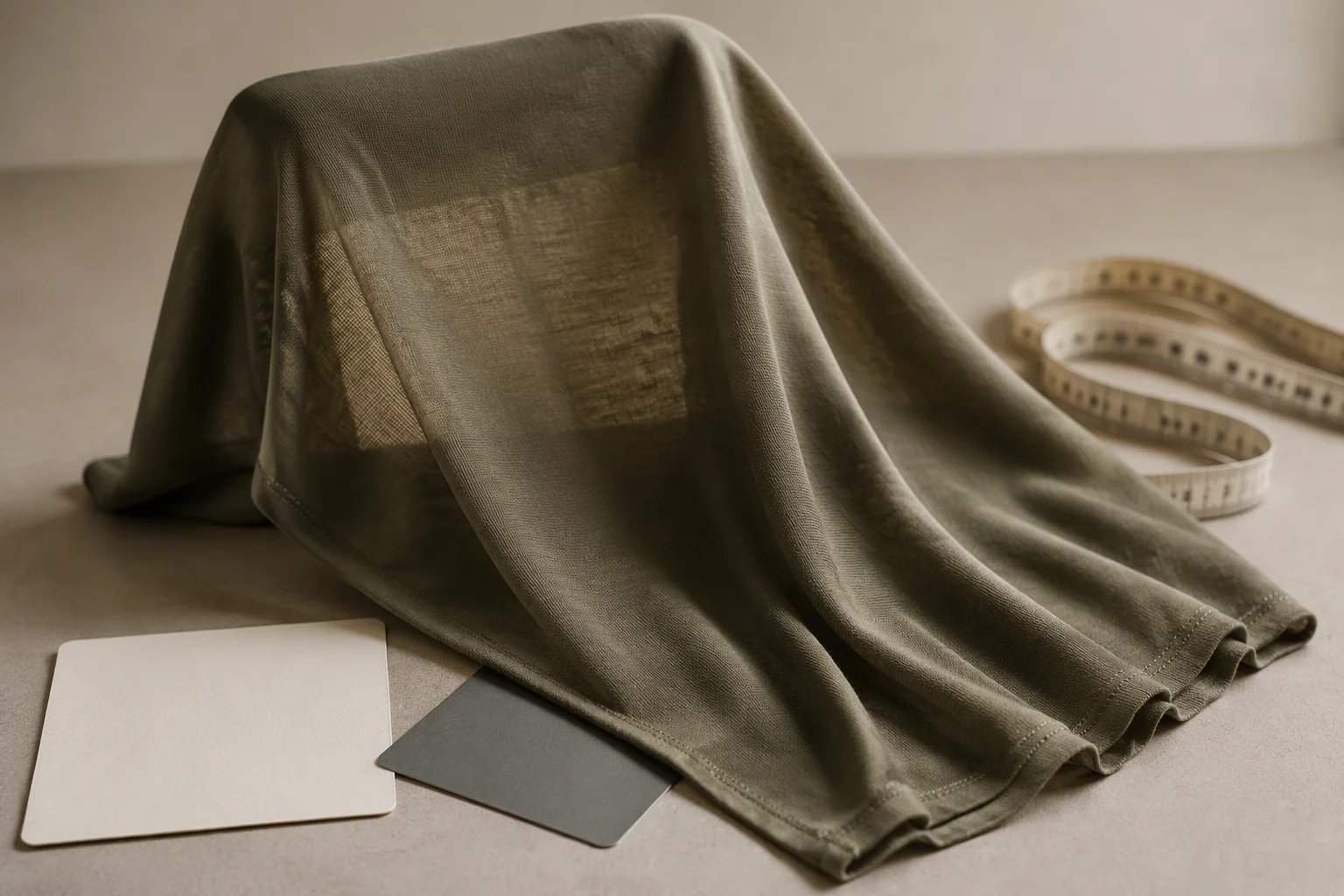 A draped modal hijab fabric panel on a factory inspection table showing opacity and coverage for wholesale quality control