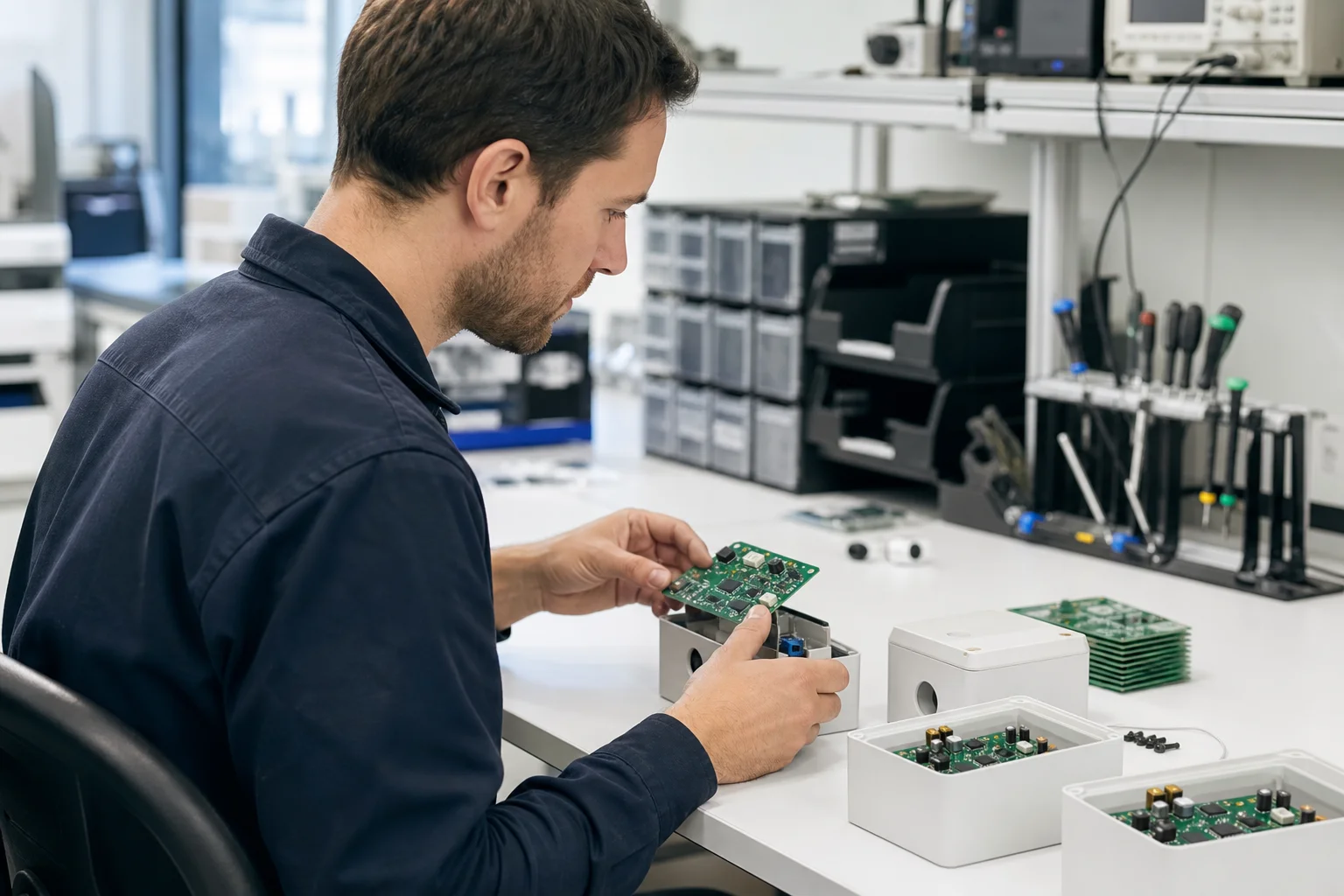 Technician preparing prototype electronic units