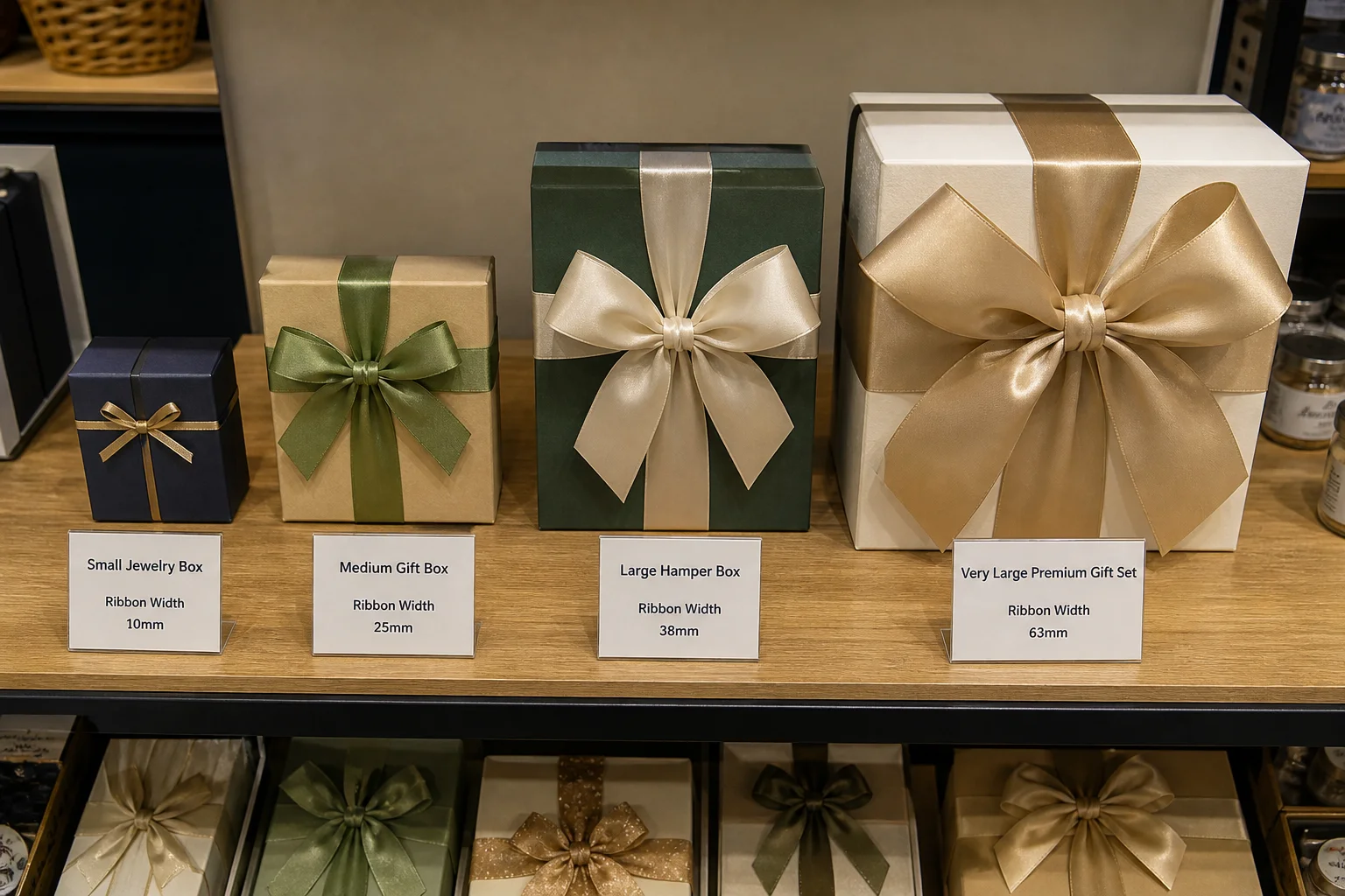 Gift boxes of different sizes each tied with proportionally correct ribbon width