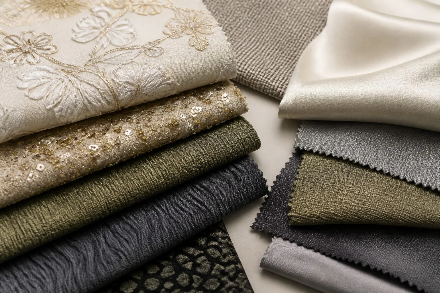 Textile finishing options shown on decorative fabric swatches