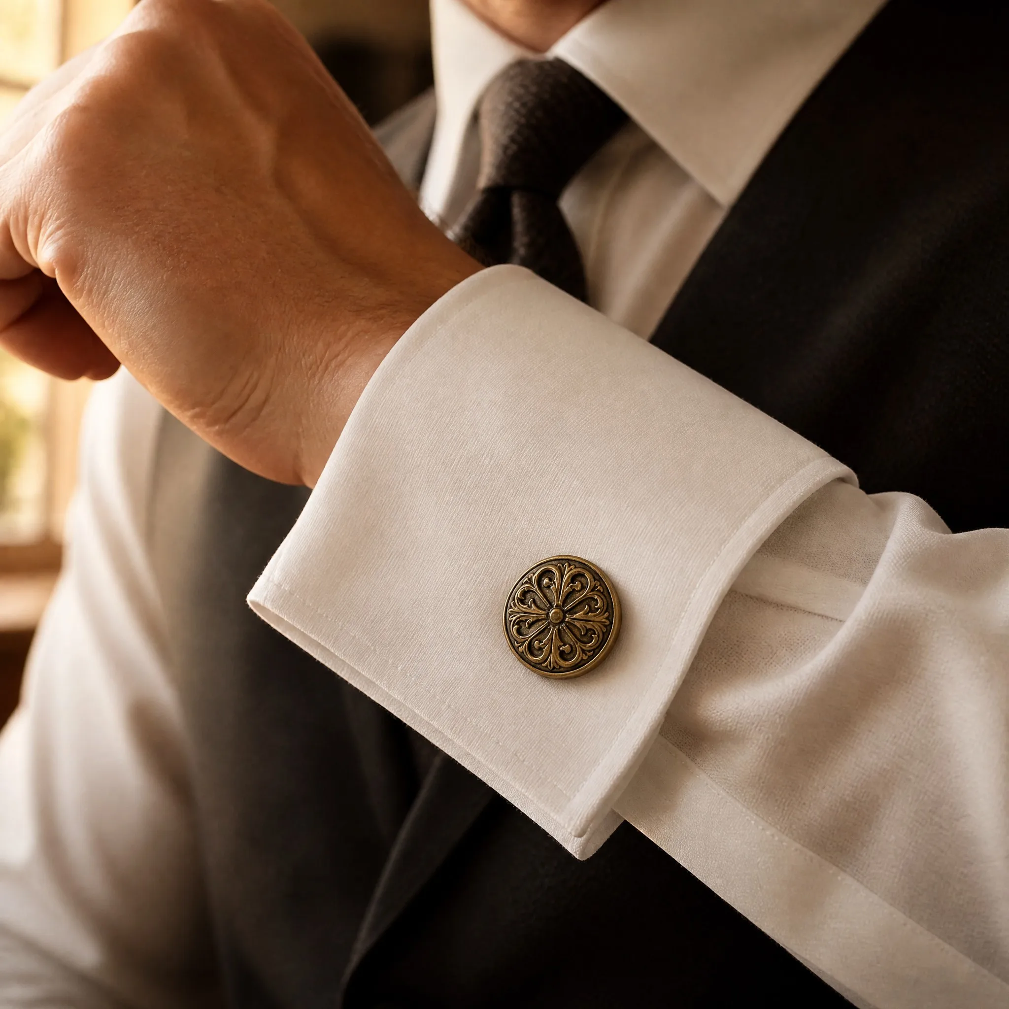 Antique bronze cufflinks worn on white dress shirt cuff