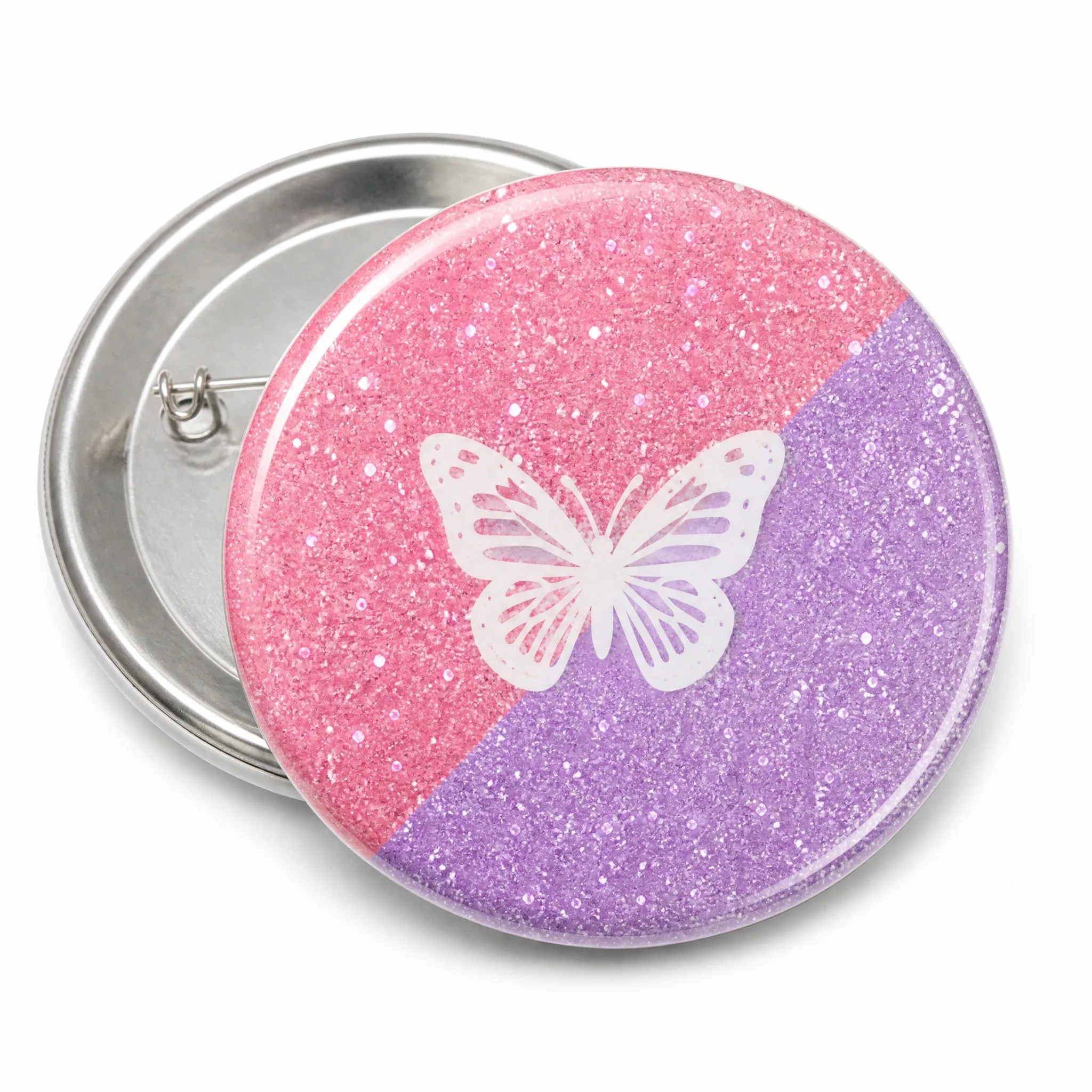 Custom glitter button badge front view