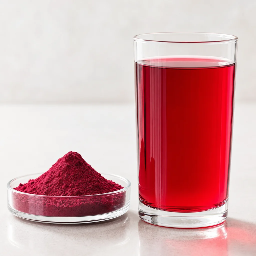 Fully water-soluble beetroot juice powder and clear red beverage